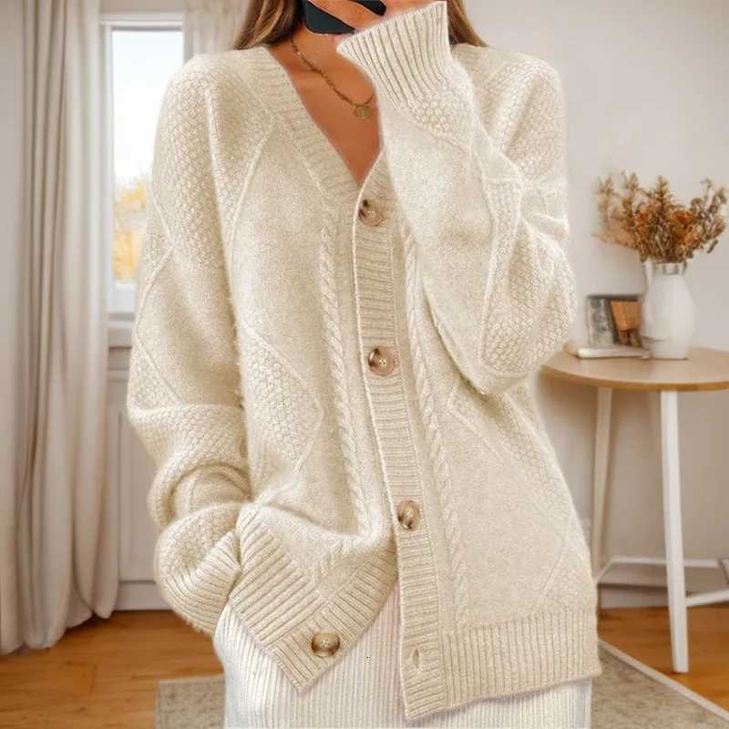 Autumn Winter Solid Color Longsleeved V Neck Knitted Cardigan Breasted Women Top Fashion Jacquard Sweater Versatile Coat FemaleT251028