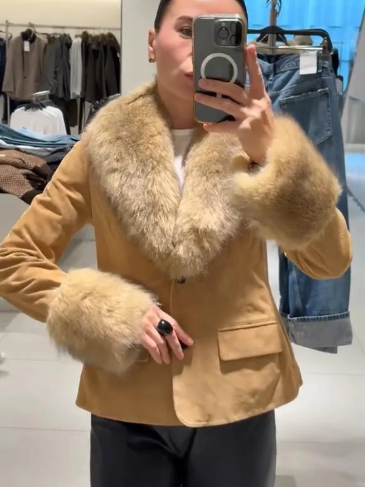 Street Faux Fur Patchwork Women Jacket Elegant Solid Long Sleeve Pocket Button Female Coat 2025 Autumn Winter Lady Outwear 251029
