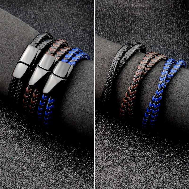 Steel Bracelet Double Layer Brown Black Leather Braided Rope Man High Quality Stainless Steel Magnetic For Women Gift 251013