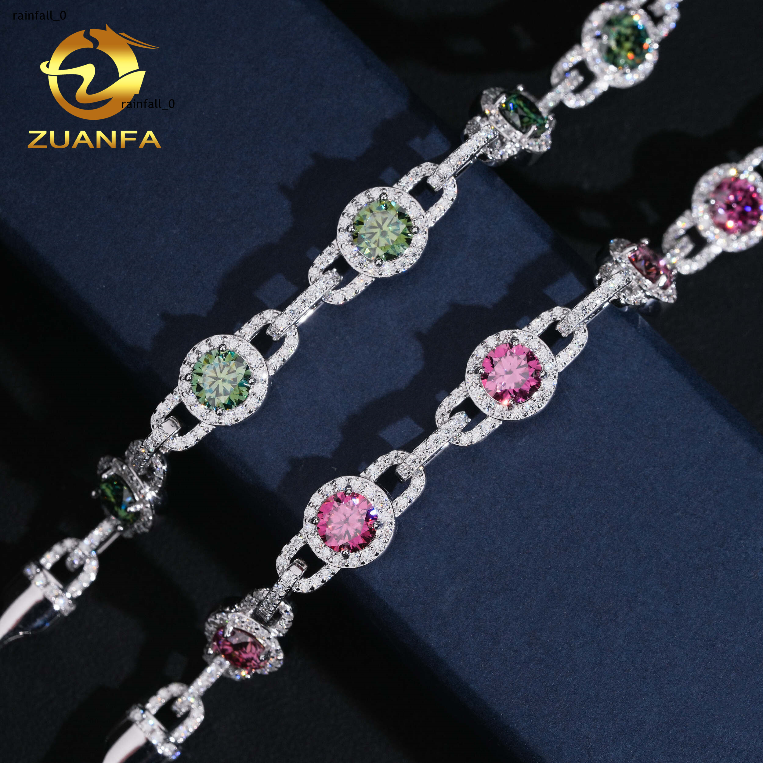 Hip Hop Jewelry 65mm Pink and Blue Green Moissanite Iced Out Cuban Link Bracelet 925 Silver Color Moissanite Bracelet