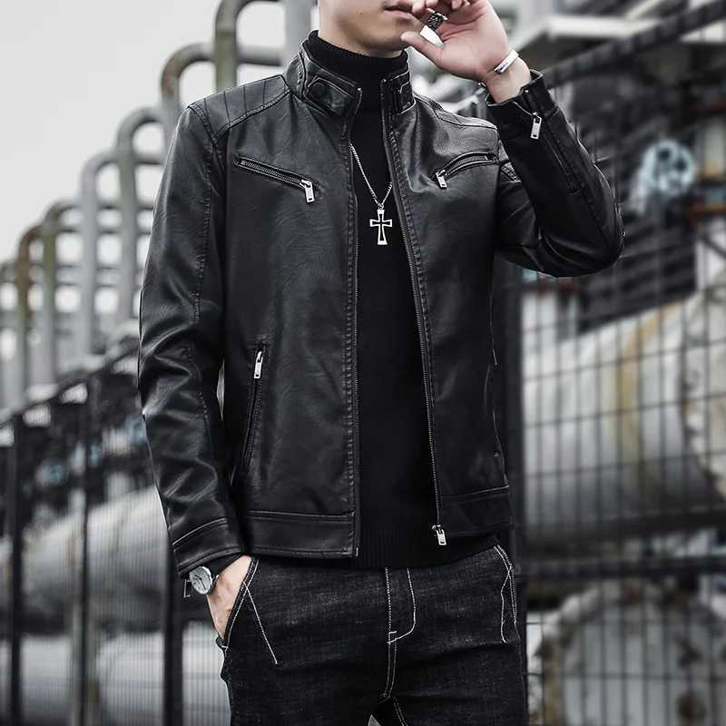 Mens PU leather jacket mens trendy youth stand collar punk mens motorcycle leather jacketT251029
