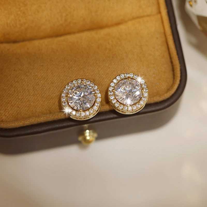 Luxury Crystal White Zircon Stud Earrings Simple Yellow Gold Color Round Vintage Wedding Jewelry For WomenW251029