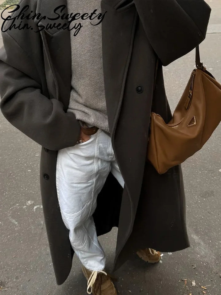 Urban Women Wool Long Coat Casual Full Sleeve Lapel DoubeBreasted Female Coats Autumn Winter Lady Streetwear 251028