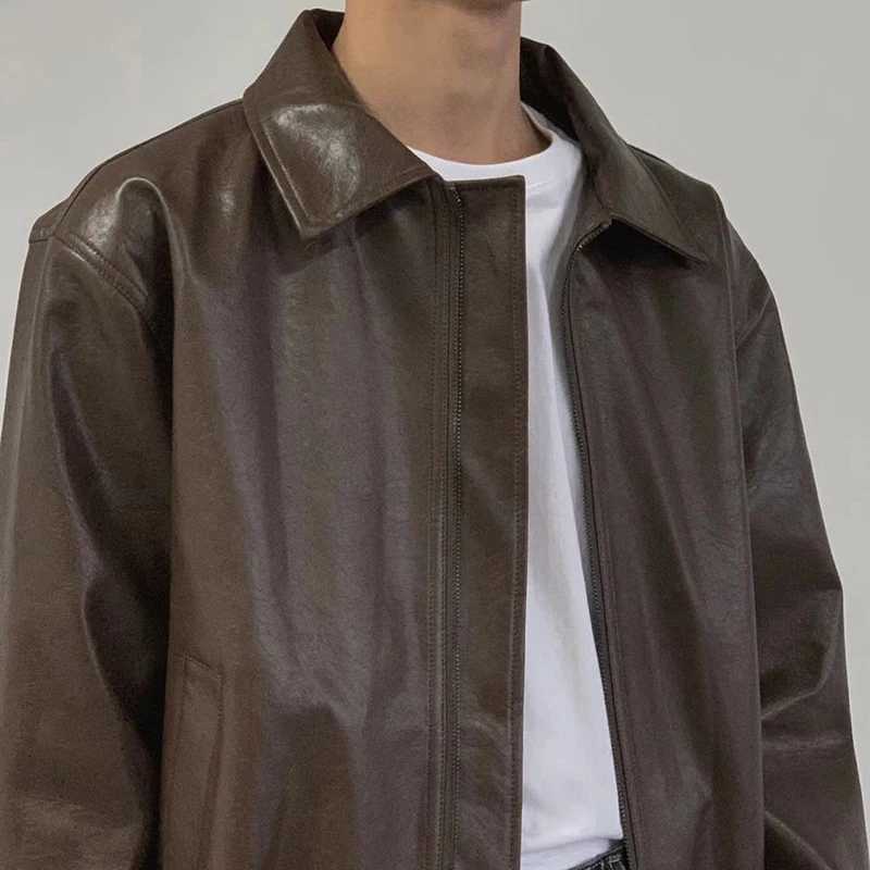 Trendy Y2K Mens Leather Jacket Coat Streetwear Fashion Solid Color Loose Long Sleeve PU Leather Coats Men Autumn Vintage JacketsT251029