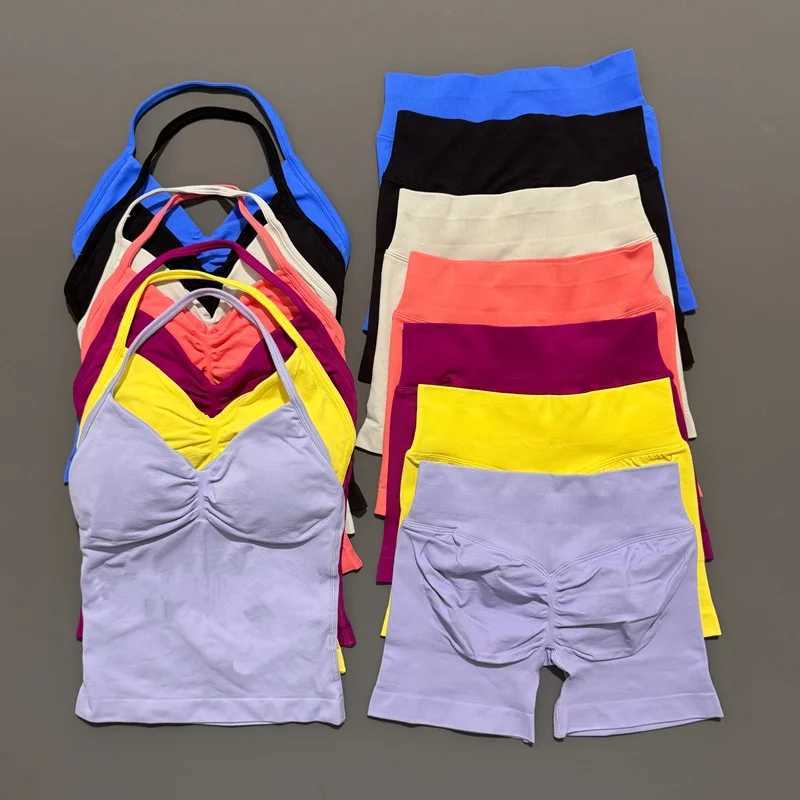 2 Piece Histello Sports Set Women Longline Strappy Top Seamless Yoga Tank Scrunch Butt Workout Shorts Suit Gym Sports SetsXJ251029