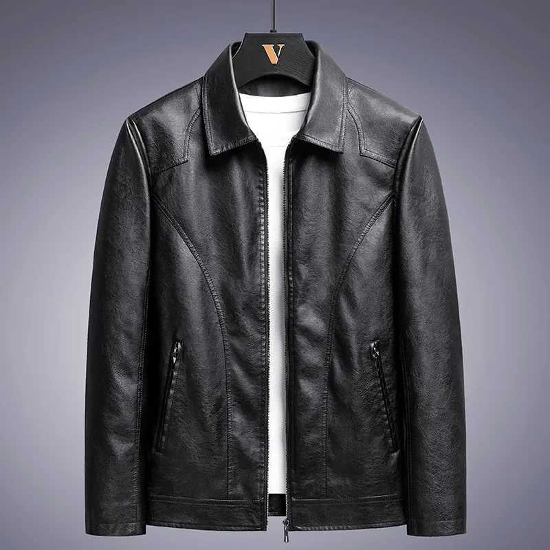Faux Leather Jacket Men Coats Turn Down Collar Full Sleeve Casual Pockets Zipper Jackets Splice Simple Coat Autumn WinterT251029