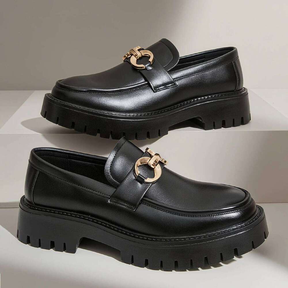 Fashion Classic Thick Sole Men's Penny Loafers Slip-On Business Dress for Gentleman Metal Buckle Formal Black Glossy Shoes