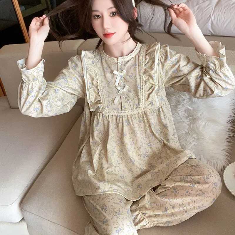Ladies Pajamas Garden Style Student Casual Long Sleeve Pants TwoPiece Bow Set Nightwear Women Four Season Academic AtmosphereT251029