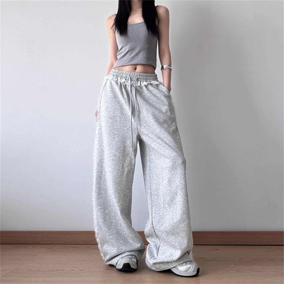 Harajuku Splice Drawstring Sports Casual Pants Womens Lace Patchwork Loose Wide Leg Long Trousers Fall Style Straight Match 251029