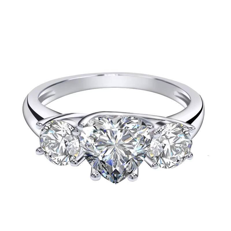 Fine Jewelry 14K Solid Gold Ring There Stones 8mm Heart Shape with 4mm Round Moissanite Trilogy Ring
