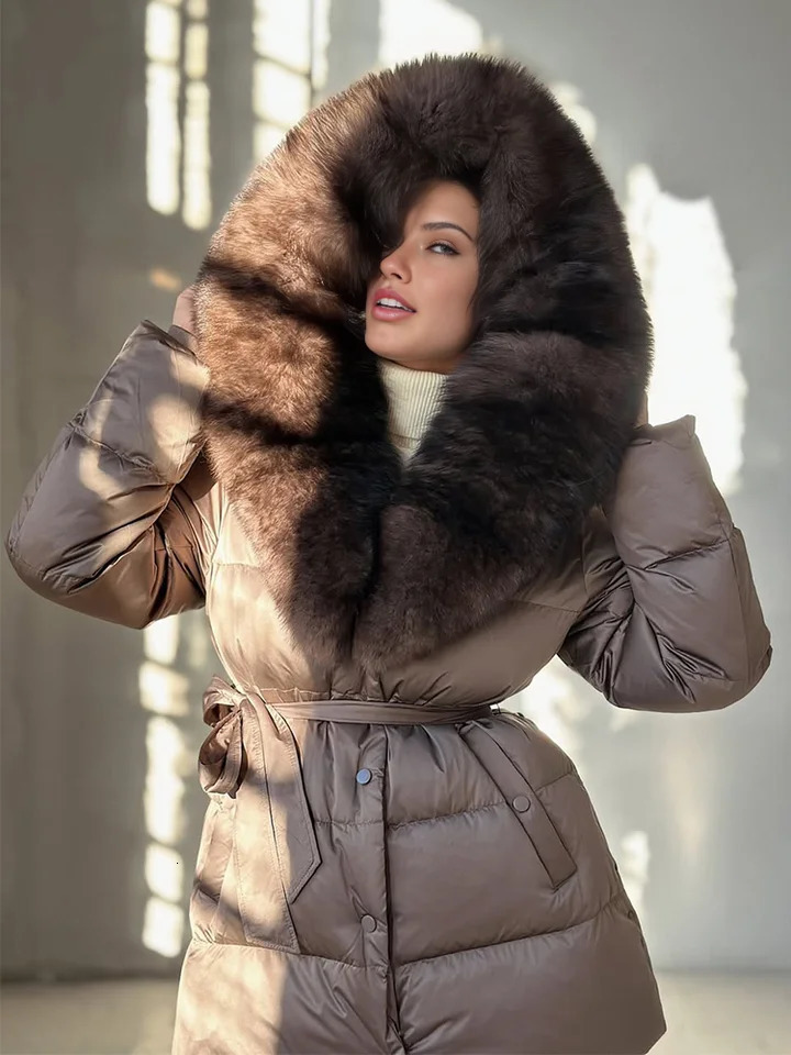 2025 Natural Thick Warm 90 White Goose Down Coat Long Winter Jacket Women Real Big Fox Fur Collar Belt Loose Puffer Parka 251029