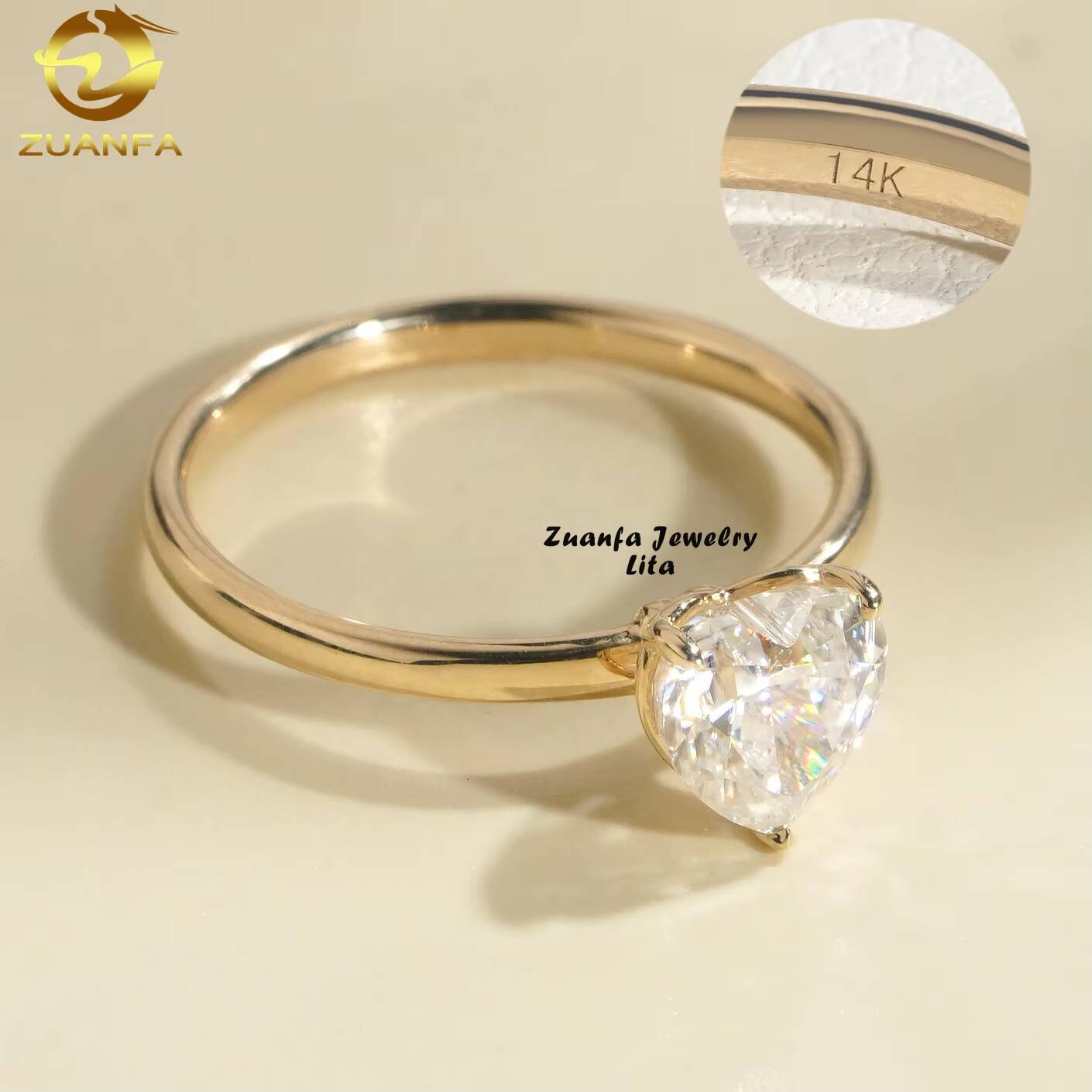 Factory Price 14k Solid Gold Heart Shape 1ct Moissanite Diamond Solitaire Engagement Ring for Women