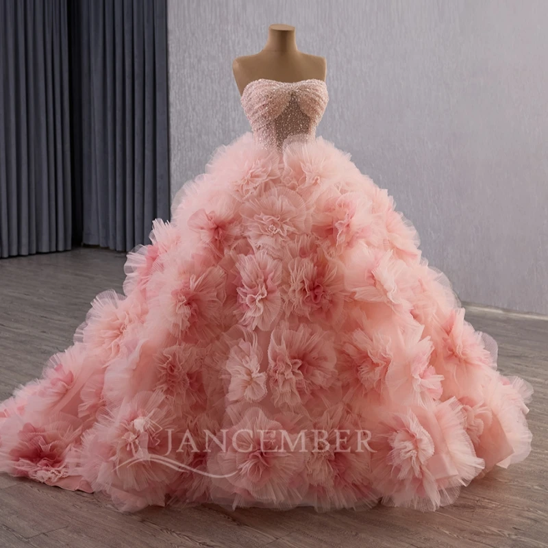 Pink Ball Gown Quinceanera Dresses Off The Shoulder Sequin Beading Crystal Tiered Tull Party Birthday Sweet 16 Dress Vestidos 15 Anos