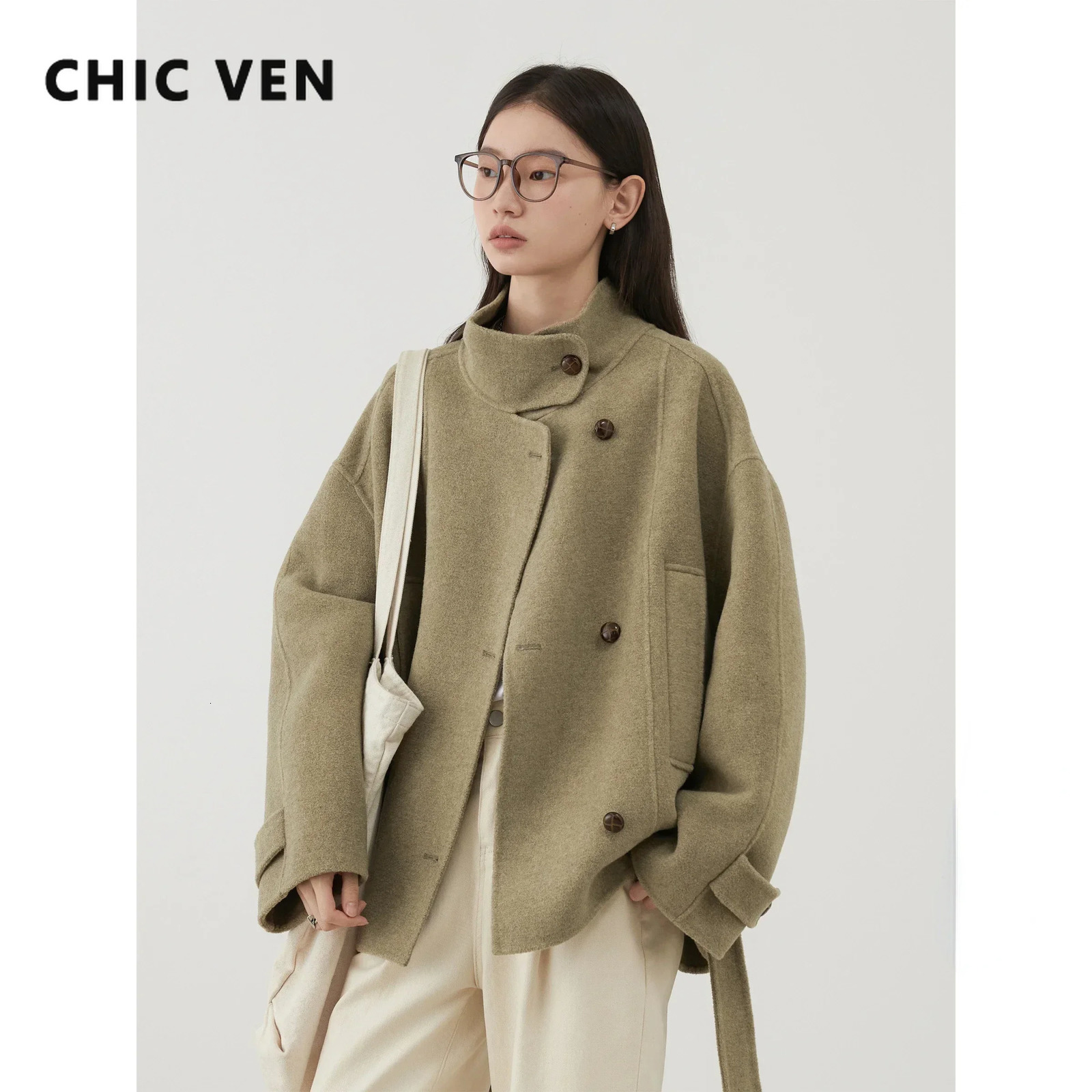 CHIC VEN Womens Doublesided Belt Woolen Coat Short Loose Overcoat Solid Female Outerwear Woman Jackets Autumn Winter 251029