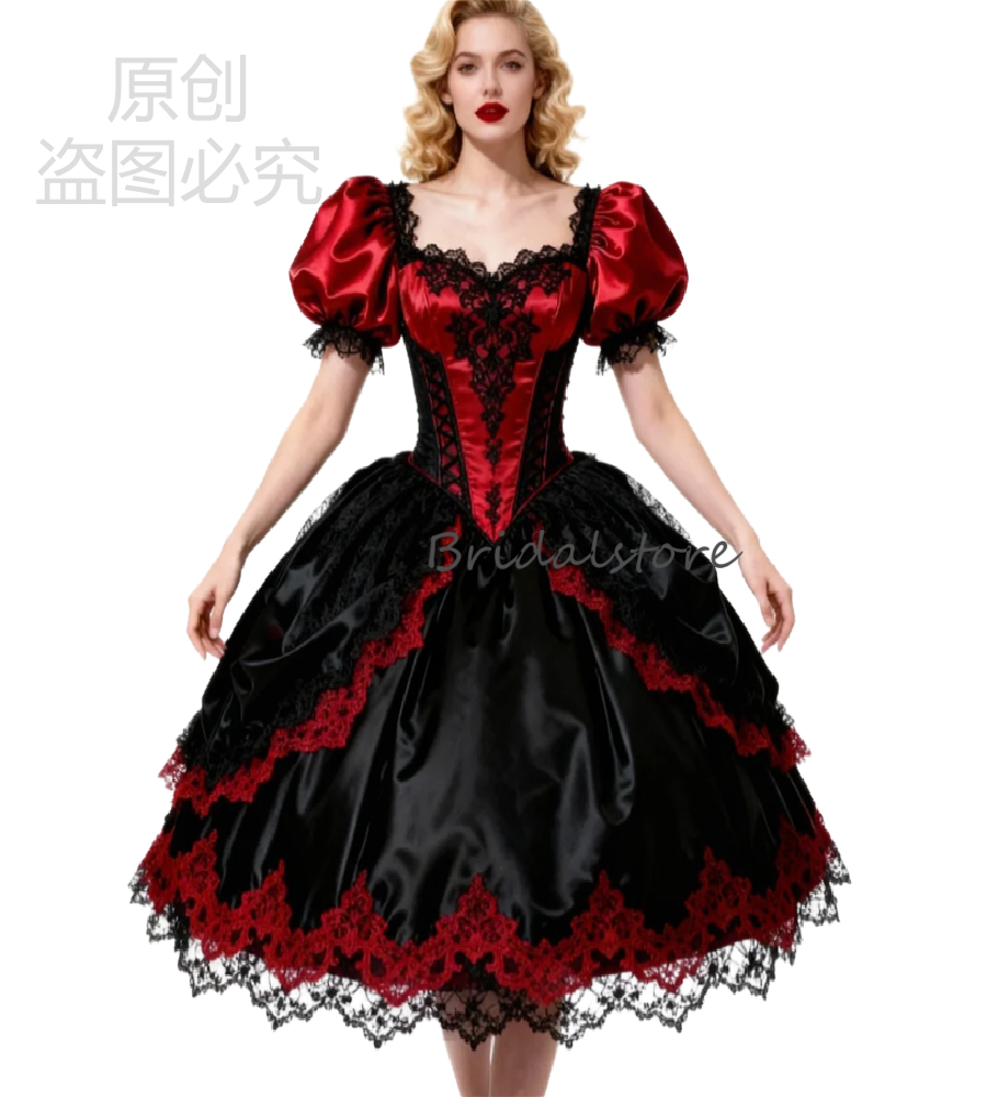 Vintage 1950s Tea Length Wedding Dress 2026 Black With Red Gothic Short Bridal Dress Steampunk Costume Vampire Bride Dress Civil Gatsby Vestio De Novi