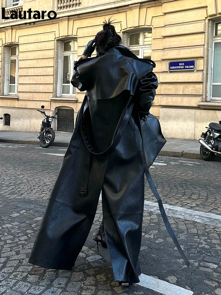 Lautaro Spring Autumn Extra Long Black Pu Leather Trench Coat for Women with Back High Slit Chic European Fashion 251029