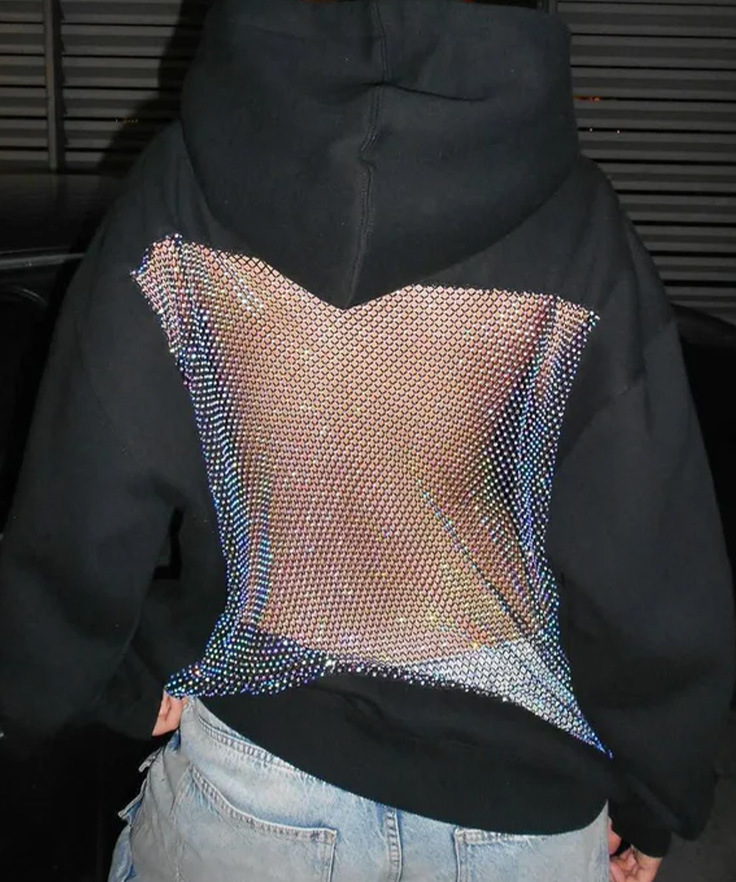 Women's fashionable hooded sweatshirt, casual long sleeved pullover, designer American hollow mesh long sleeved sweatshirt