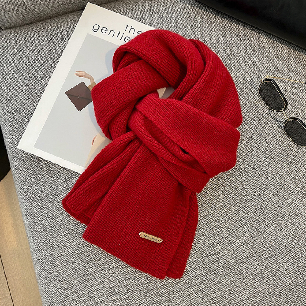 Scarf female winter new wool knit solid color small scarf tide thick warm all match long neck 2025