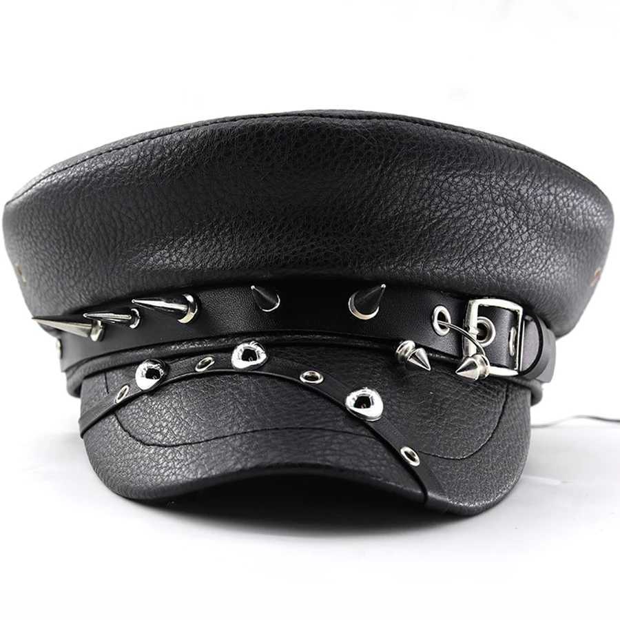 Womens Trendy Beret Black Pu Leather Flat Top Captain Military Caps Womens Accessories