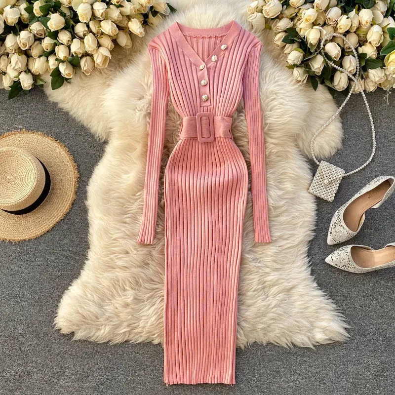 YuooMuoo Chic Fashion Sexy Package Hips Rib Knitted Bodycon Dress Autumn Winter Elegant Peal Vneck Sweater Dress with Belt 251029