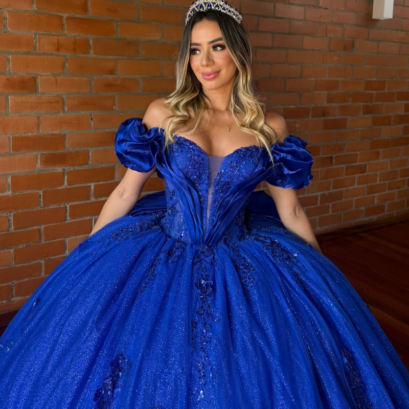 Royal Blue Shiny Quinceanera Dresses Off The Shoulder Applique Lace Beads Bow Tull Party Birthday Sweet 16 Dress Vestidos 15 de anos