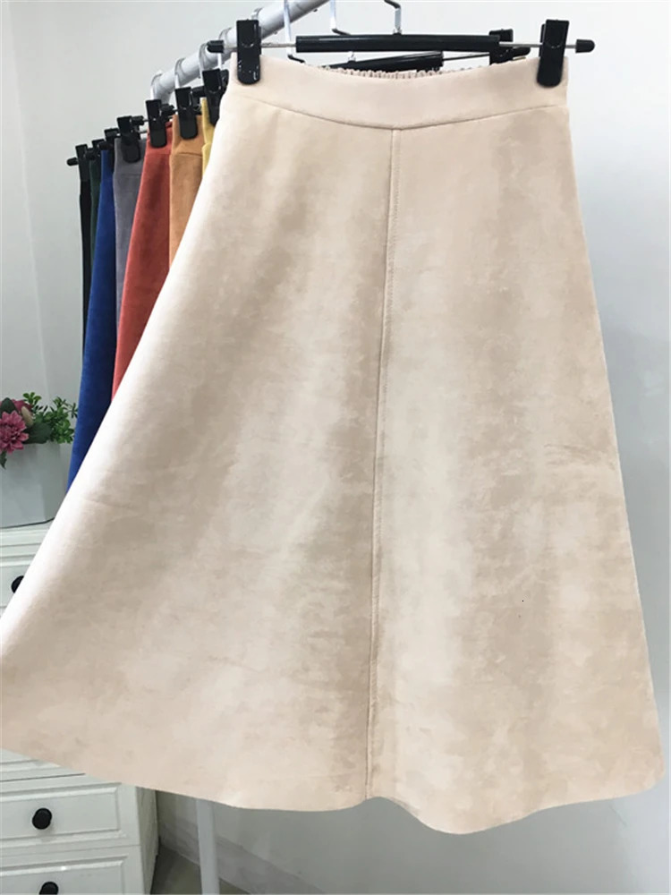 REALEFT 2025 Autumn Winter Women Suede Midi Skirts High Waist Multi Color Elegant ALine Skirts Umbrella Ladies Skirt Female 251028
