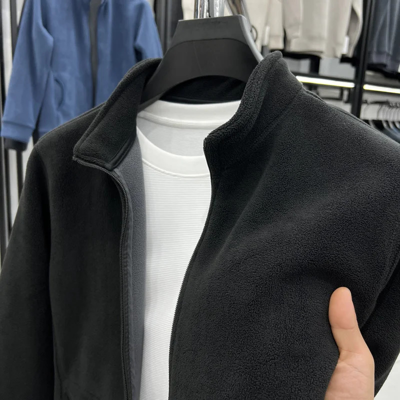 Mens DoubleSided Fce Hoodie Jaet Pure Color Warm Stand Collar Coat Winter Thiened Polyester Long Sve Casual Sle 251029