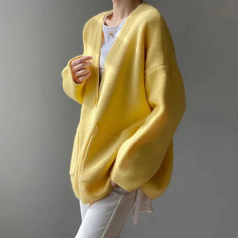 2024 Chic Yellow Sweater Cardigan Women Lazy Wind SingleBreasted Knitted Cardigan Women Solid V Neck Cardigans FemaleT251028