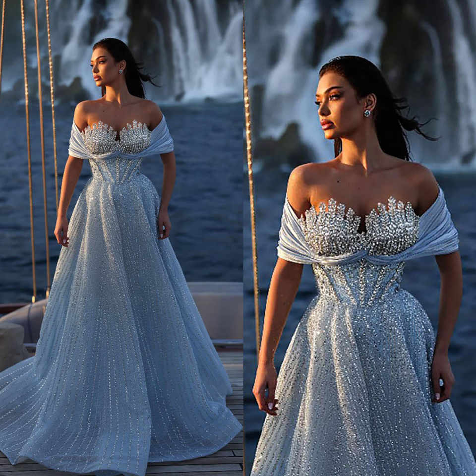 Sparkling A Line Crystals Evening Dresses Off Shoulder Sleeveless Prom Gowns Beadeds Sequins Special Occasion Custom Made