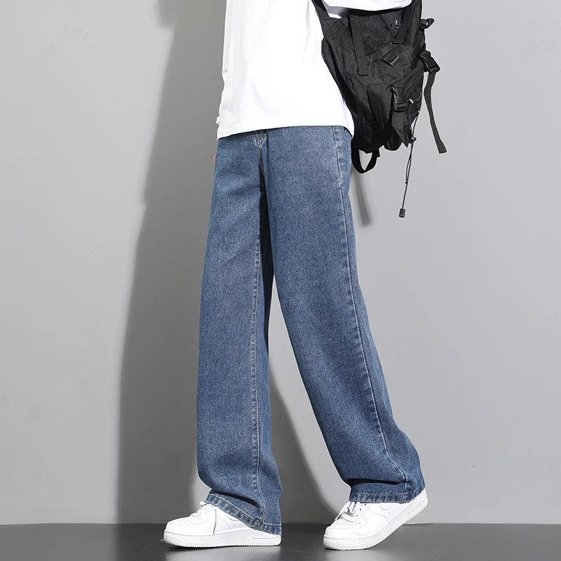 2025 Korean Mens Casual Long Jeans Classic Man Straight Denim Wideleg Pants Solid Color Light Blue Grey Black 251029