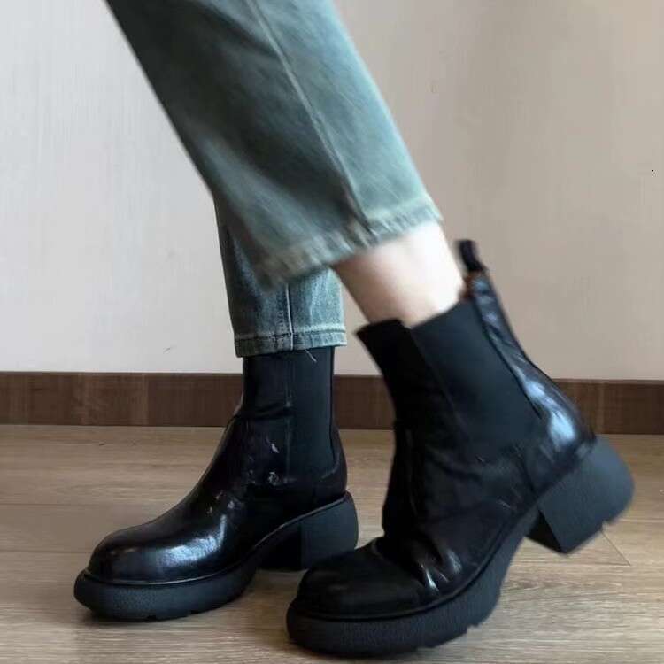 Genuine Leather Women's Autumn Winter New Thick Designer Shoe Sole Martin Textured Trendy Chelsea Short Boots