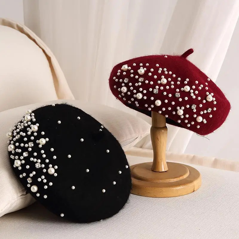Pearl rhinestone wool beret womens autumn and winter British retro versatile painter hat multi colored 251029