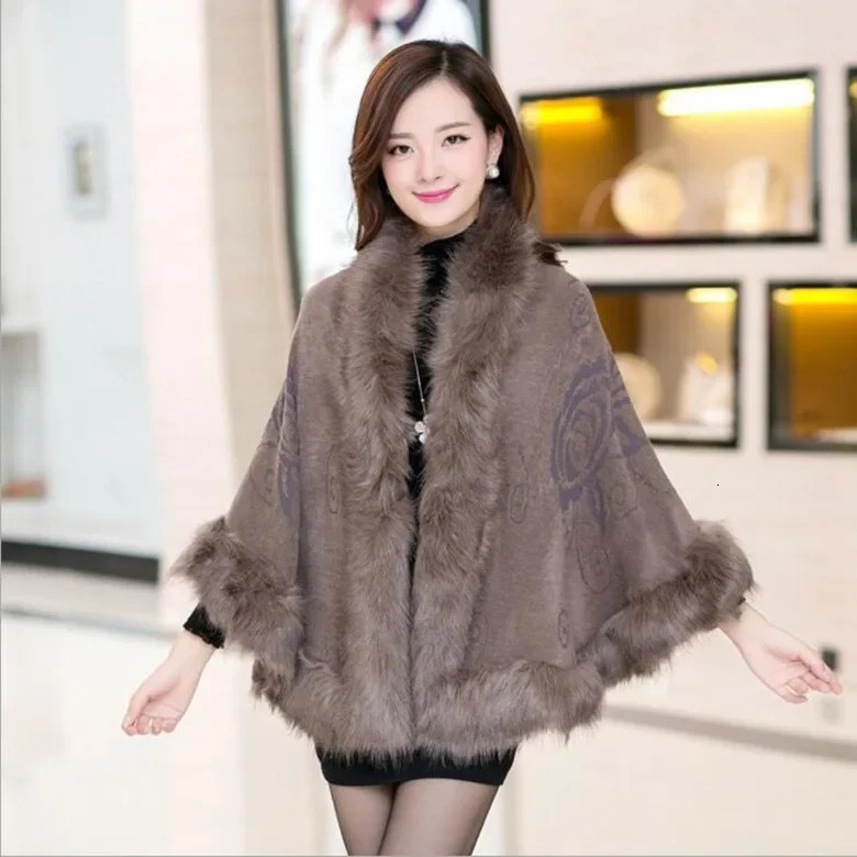 Autumn Winter Female Cloak Fur Cloak Cape Wool Collar Ponchos Women Capes Coffee 251029