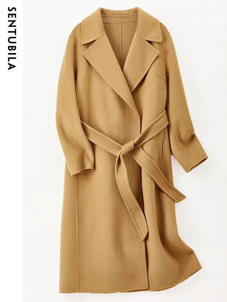 SENTUBILA Women 100 Wool Long Wrap Coat Elegant Notched Collar Belted Warm Double Faced Woolen Winter Overcoat W24O43352 251028