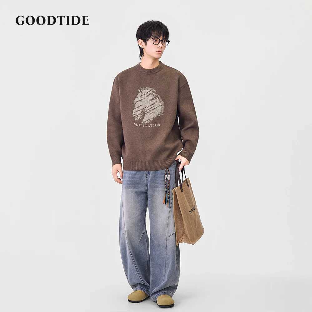 Fashion Mens Casual Crew Neck Sweater 2025 Winter New Horse Head Pattern Letter Print Knitted Pullover Soft Long Sleeve Top J251029