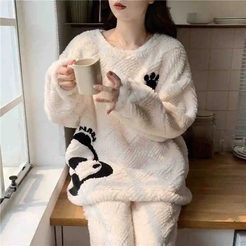 Panda Cartoon Warm Sleepwear Womens Pajamas With Pants Set Lovely Cute Pajama Female Flannel Long Sleeve 2 Pieces Home SuitT251029
