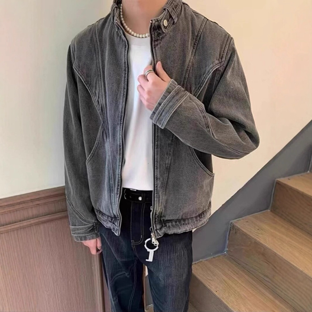American Style Designer Jacket Washed Denim Jacket For Men Street Style Loose Fit Cool And Versatile Deconstructed Design Stand Collar Zipper Coat