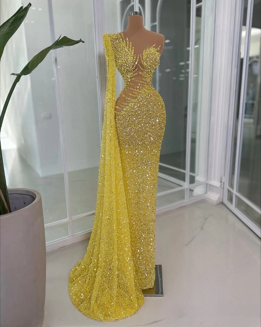 2026 Gold Prom for Black Women Evening Dresses Illusion Mermaid Promdress Beaded One Shoulder Sequined Lace Pearls Second Reception Gowns O29