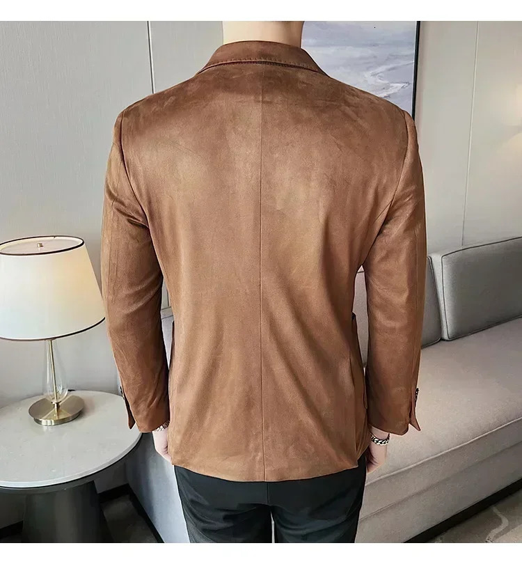 Fashion Slim Men Blazer Highend Deerskin Velvet Thick Solid Color Suit Jacket Gray Dark Green Brown Top Autumn and Winter Coat 251028