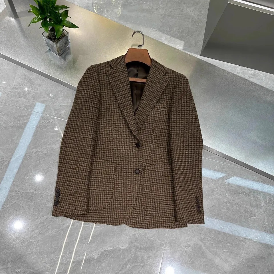 Vintage British Windsor Wool Suit Thick Autumn Winter Tweed Houndstooth Plaid Slim Fit Mens Blazer 251028