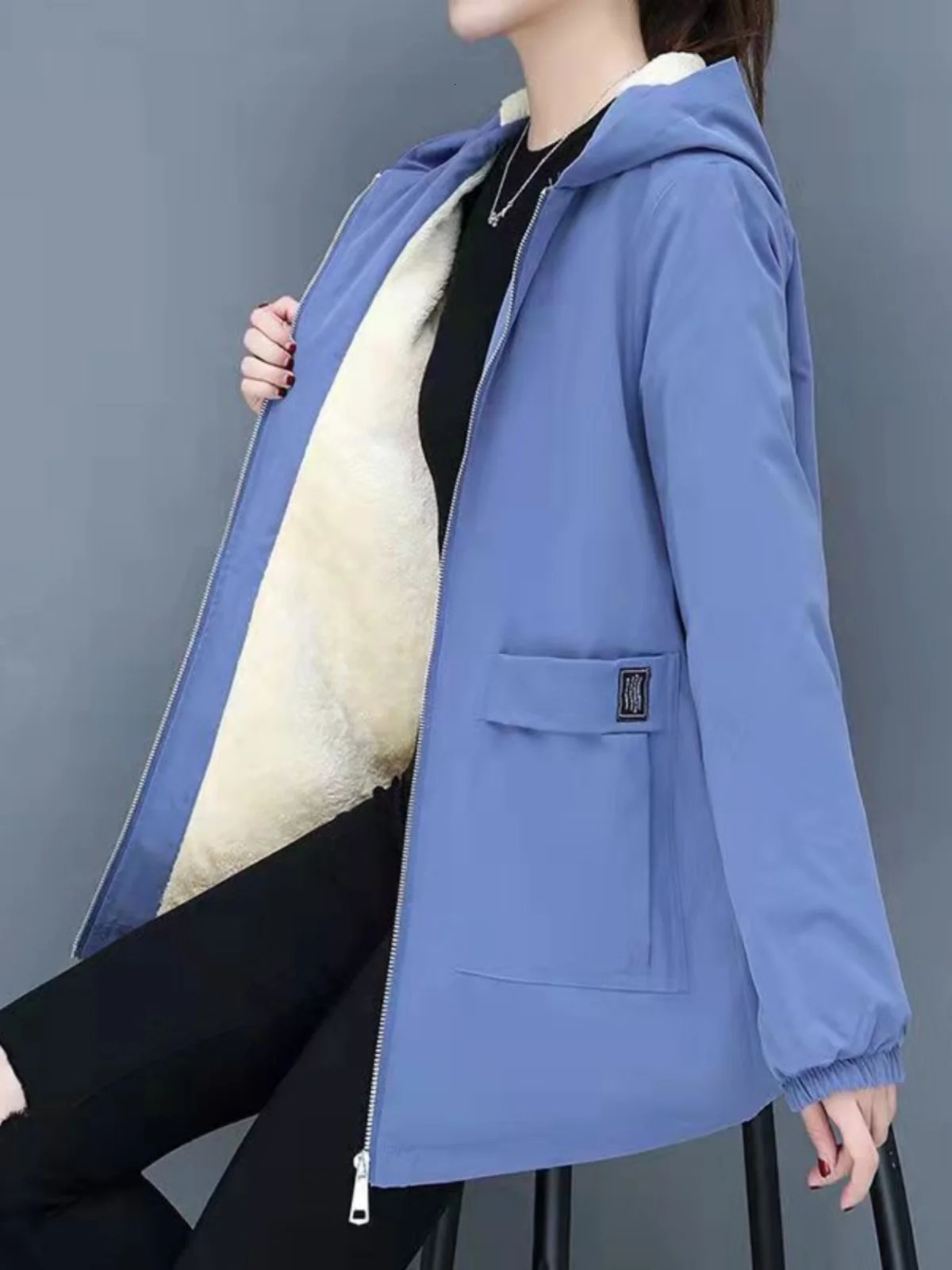 Sli Thiened Fce Womens Coat Autumn Winter Arrival Casual Mom Clothes Long Sve Hooded MidLength Polyester Fiber 251029