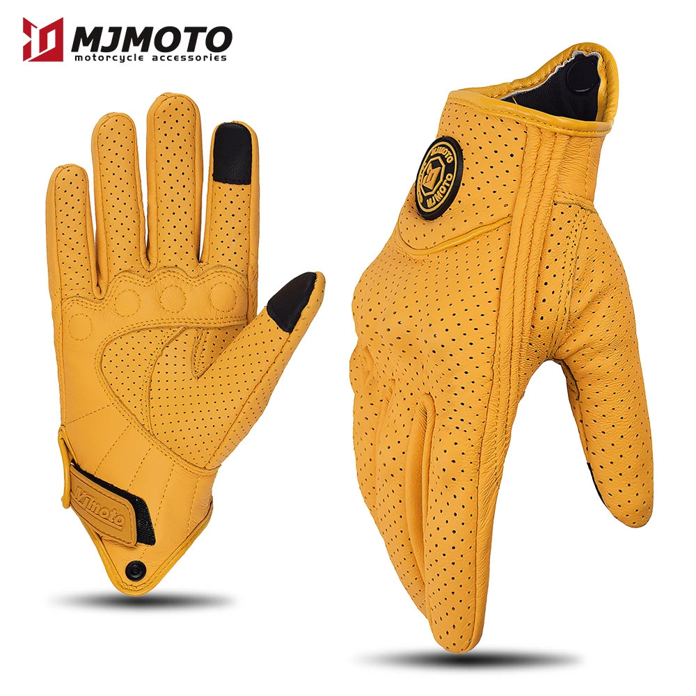 Retro Yellow Leather Motorcycle Gloves Men Women Breathable Perforated Motorbike Racing Touch Screen Motocross Moto Glove 251013