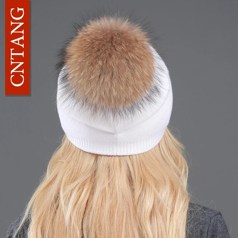 Autumn Winter Knitted Wool Hats For Women Fashion Pompon Beanies Fur Hat Female Warm Caps With Natural Genuine Raccoon Fur Cap 251029