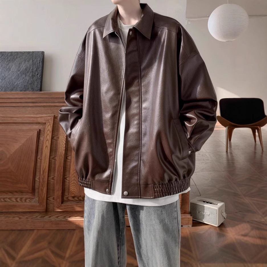 American Style Leather Jacket For Designer Jacket Men Autumn And Winter High-end Feel Cool And Trendy Brand Casual Loose PU Leather Turn-down Collar J