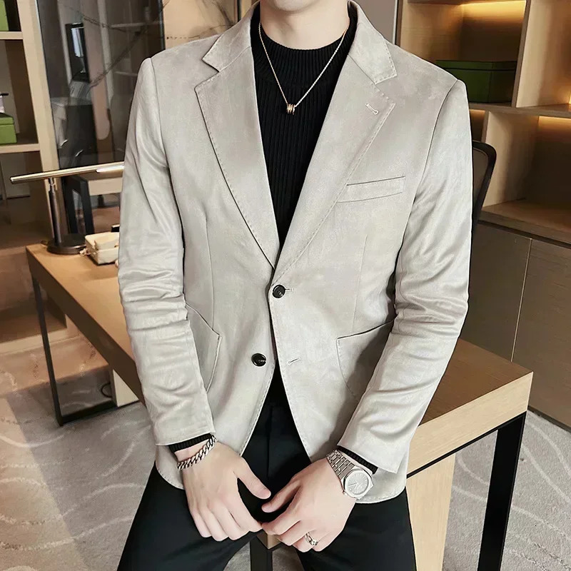Fashion Slim Men Blazer Highend Deerskin Velvet Thick Solid Color Suit Jacket Gray Dark Green Brown Top Autumn and Winter Coat 251028
