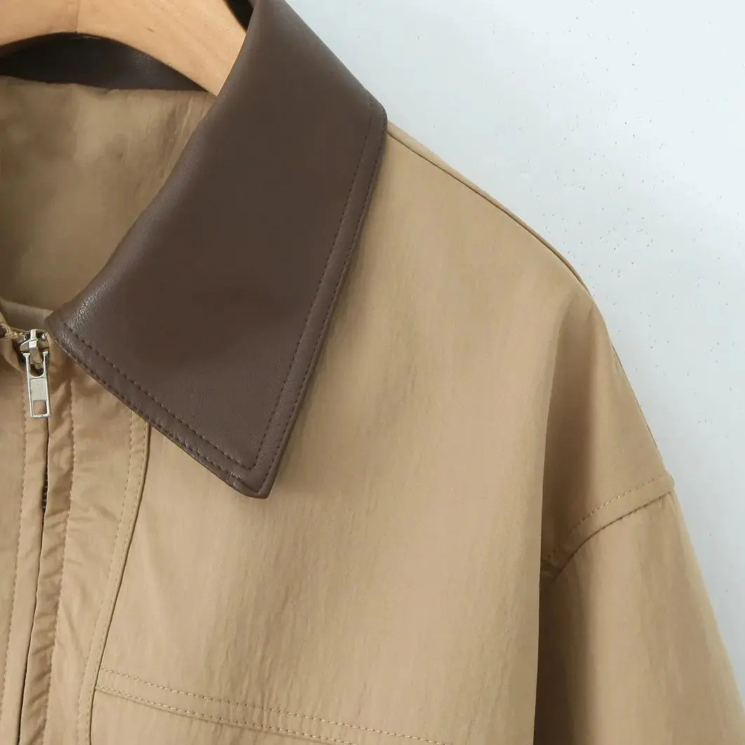 2025 Spring Women Khaki Spliced Faux Leather Lapel Safari Coat Front 2 Pockets Elastic Waist Zipper Jacket Loose Outerwear 251029
