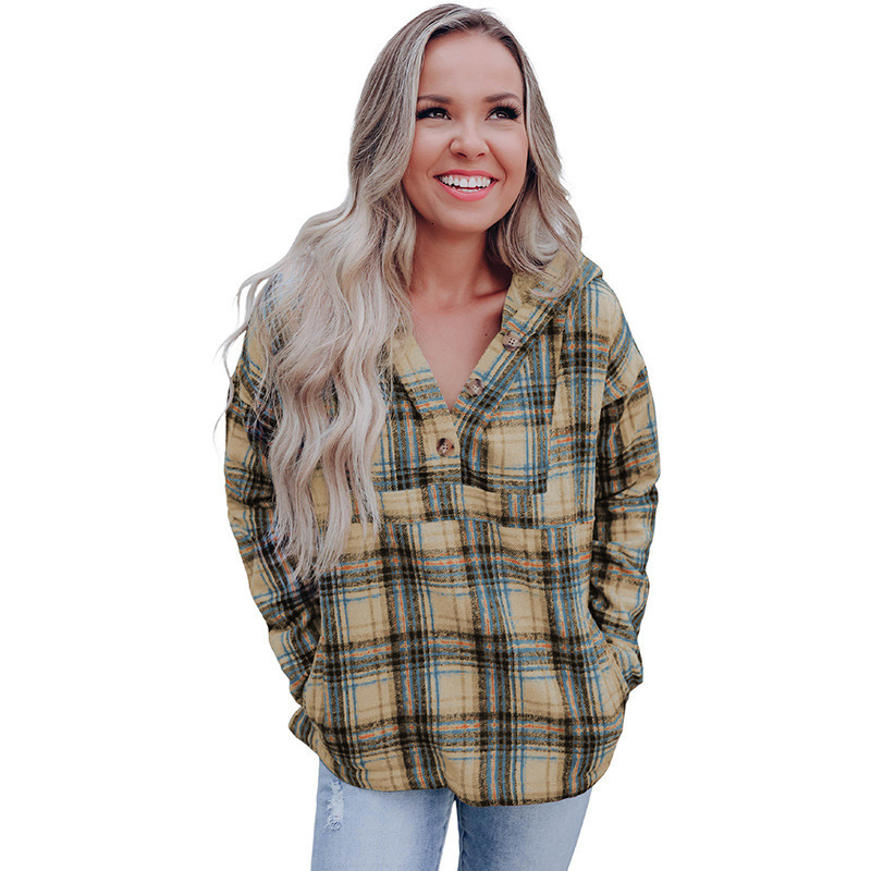 Autumn and Winter New Checkered Button Hooded Women's Sportswear Designer Hot Selling Loose Color Block Warm Knitted Women's Sweater