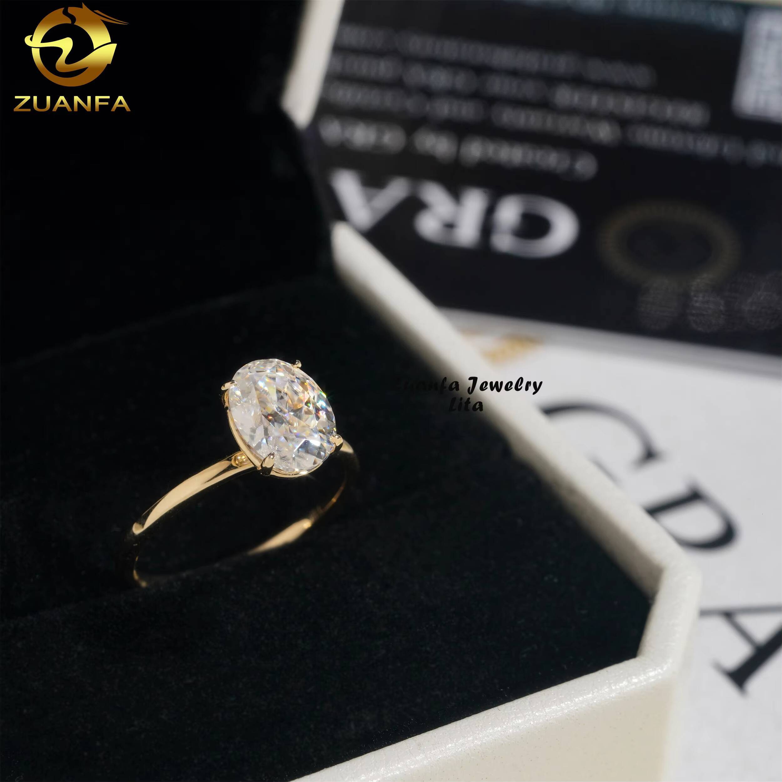 Classic Design 14k Real Gold Oval Cut 2ct Moissanite Diamond Wedding Engagement Rings for Women