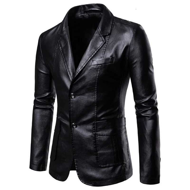 Autumn New Mens Black Lapel Leather Suit Jacket Blue Business Casual PU Jacket Red and Khaki BlazersT251029
