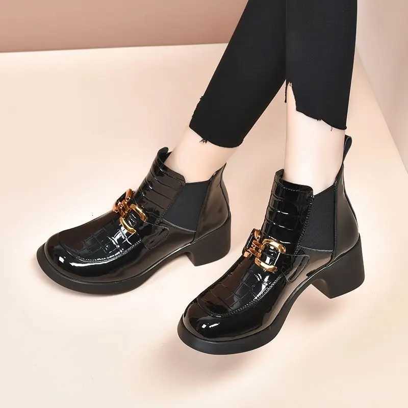FHANCHU 2023 New Chelsea Ankle BootsHigh Heeled BotasRound Toe Patent Leather AutumnWinter ShoesSize 3540BlackDropship Z251029